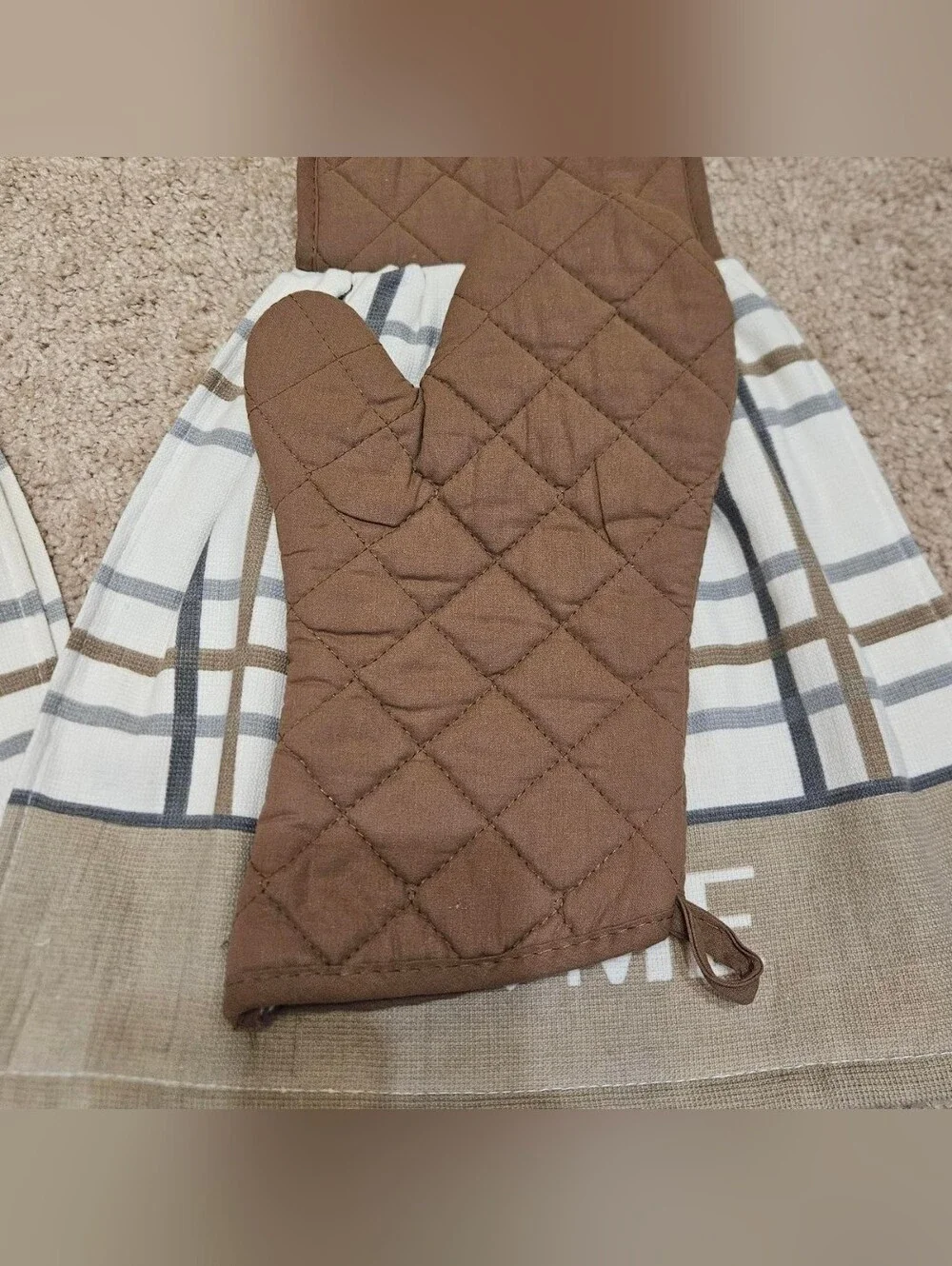 2 Handcrafted Potholders Attached To Towels | Brown, Tan, White, Grey | Home